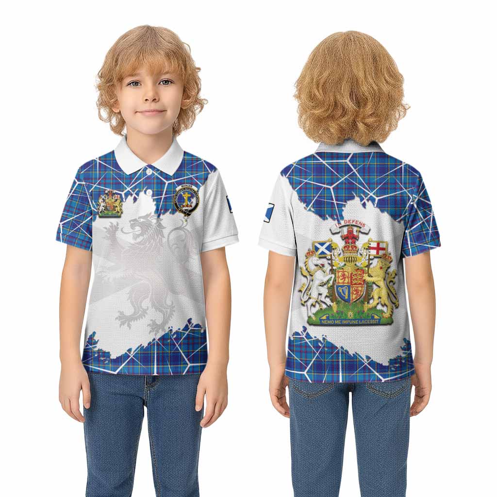Mercer Tartan Kid Polo Shirt with Family Crest and Lion Rampant Grunge Style