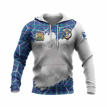 Mercer Tartan Knitted Hoodie with Family Crest and Lion Rampant Grunge Style