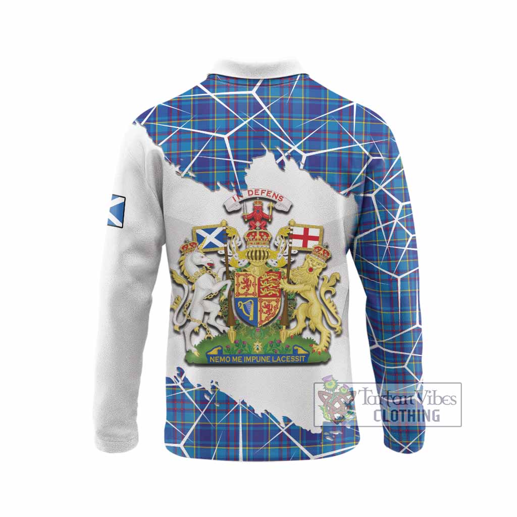 Mercer Tartan Long Sleeve Polo Shirt with Family Crest and Lion Rampant Grunge Style