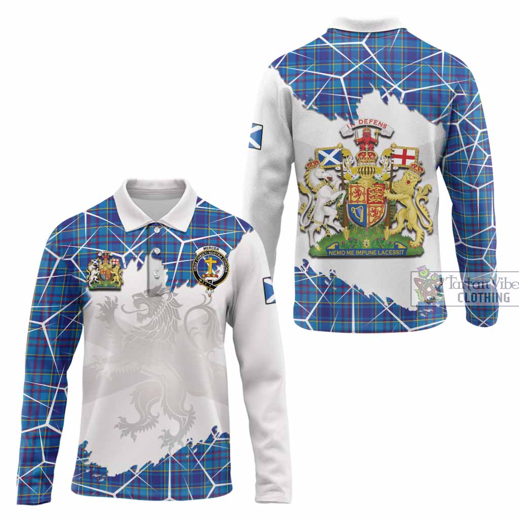 Mercer Tartan Long Sleeve Polo Shirt with Family Crest and Lion Rampant Grunge Style