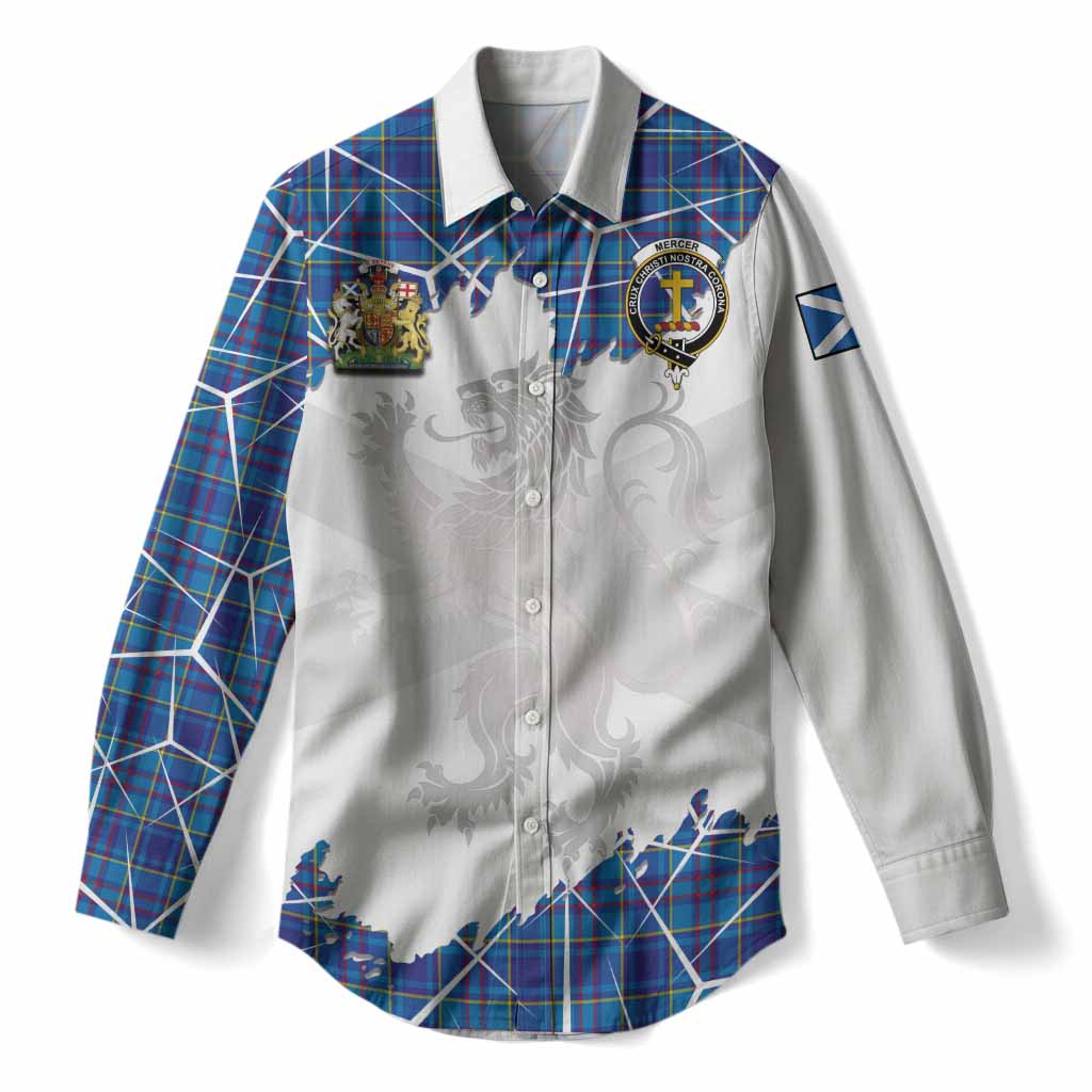 Mercer Tartan Women Casual Shirt with Family Crest and Lion Rampant Grunge Style