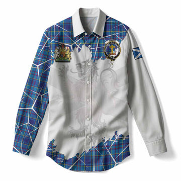 Mercer Tartan Women Casual Shirt with Family Crest and Lion Rampant Grunge Style