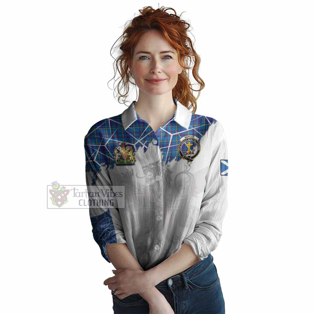 Mercer Tartan Women Casual Shirt with Family Crest and Lion Rampant Grunge Style