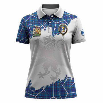 Mercer Tartan Women Polo Shirt with Family Crest and Lion Rampant Grunge Style