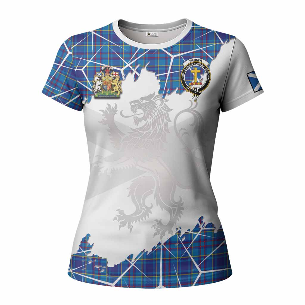 Mercer Tartan Women T shirt with Family Crest and Lion Rampant Grunge Style