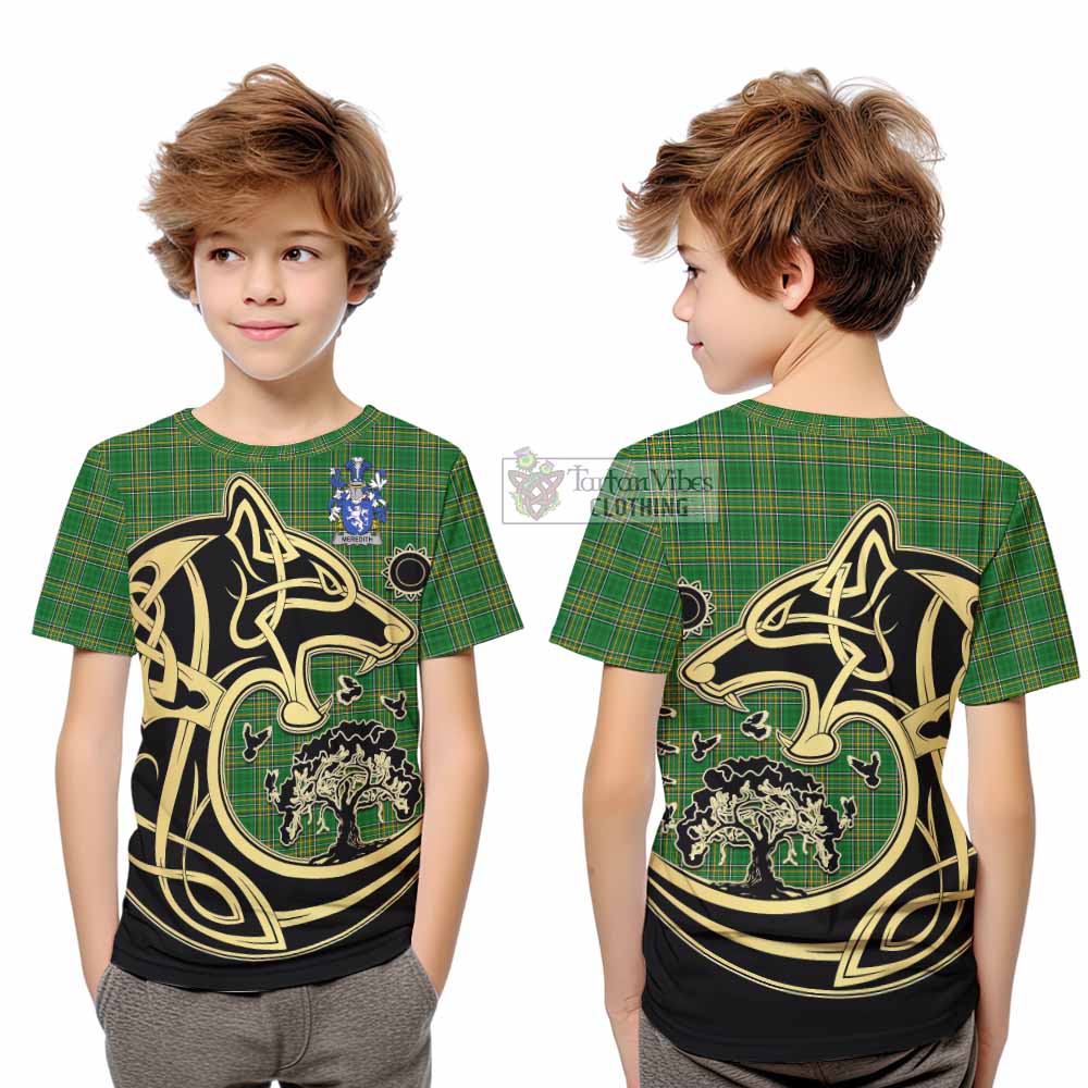 Tartan Vibes Clothing Meredith Irish Tartan Kid T-Shirt with Coat of Arms Celtic Wolf Style