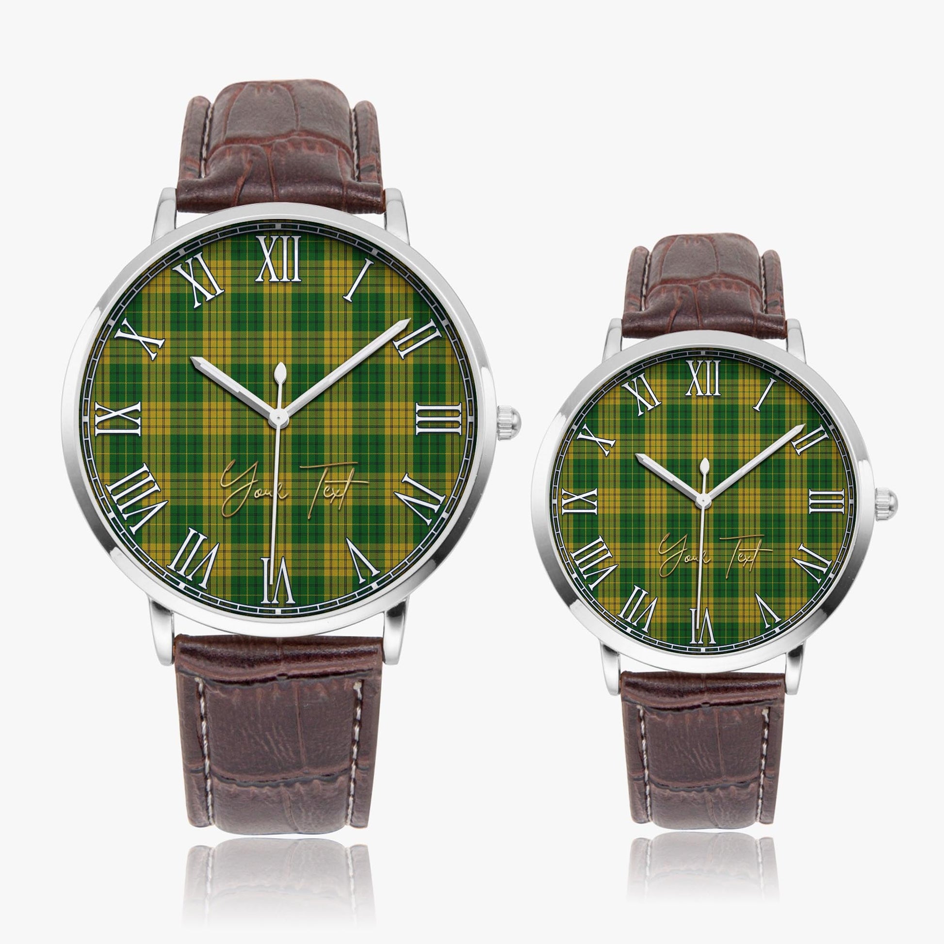 Meredith of Wales Tartan Personalized Your Text Leather Trap Quartz Watch Ultra Thin Silver Case With Brown Leather Strap - Tartanvibesclothing