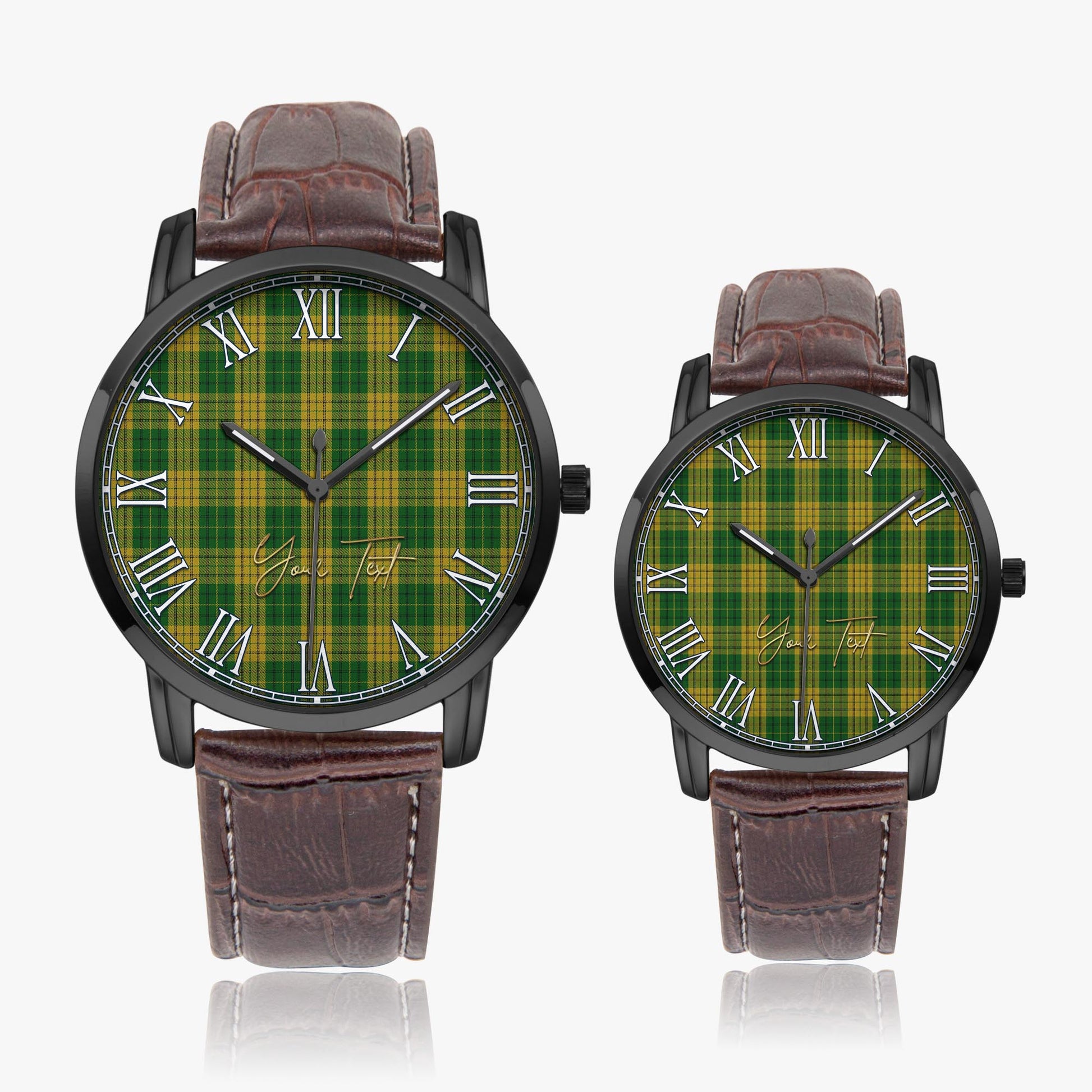 Meredith of Wales Tartan Personalized Your Text Leather Trap Quartz Watch Wide Type Black Case With Brown Leather Strap - Tartanvibesclothing