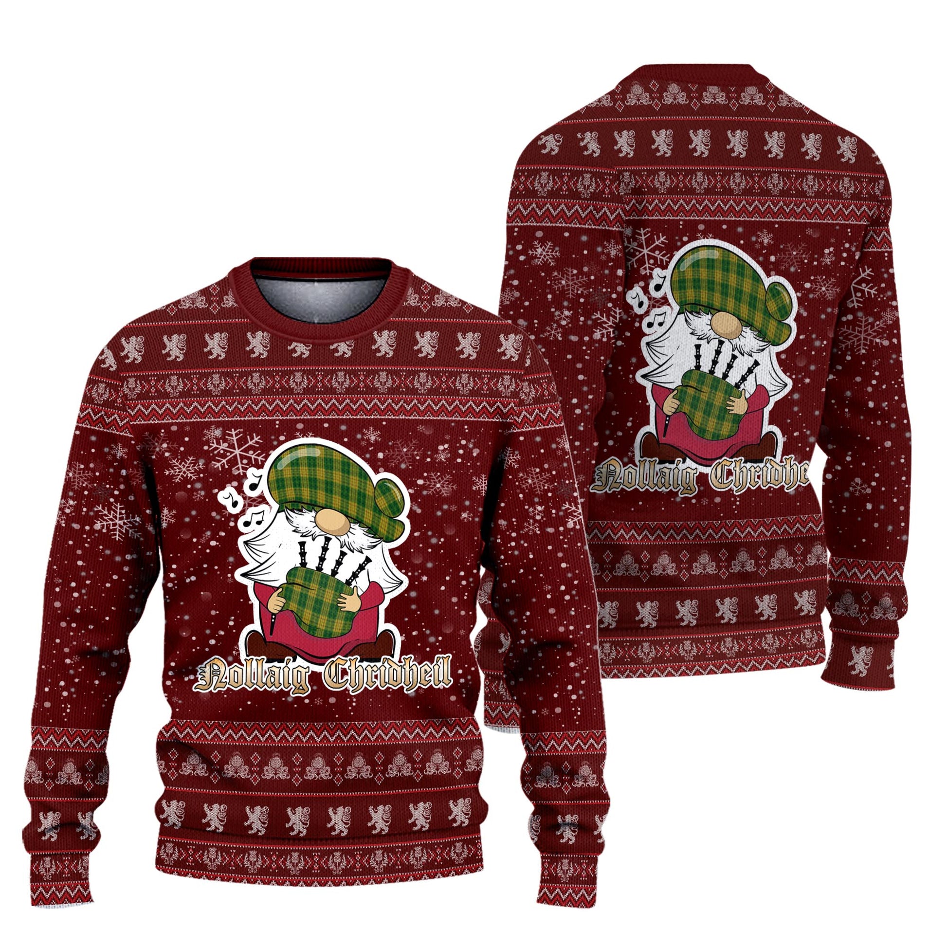 Meredith of Wales Clan Christmas Family Knitted Sweater with Funny Gnome Playing Bagpipes Unisex Red - Tartanvibesclothing