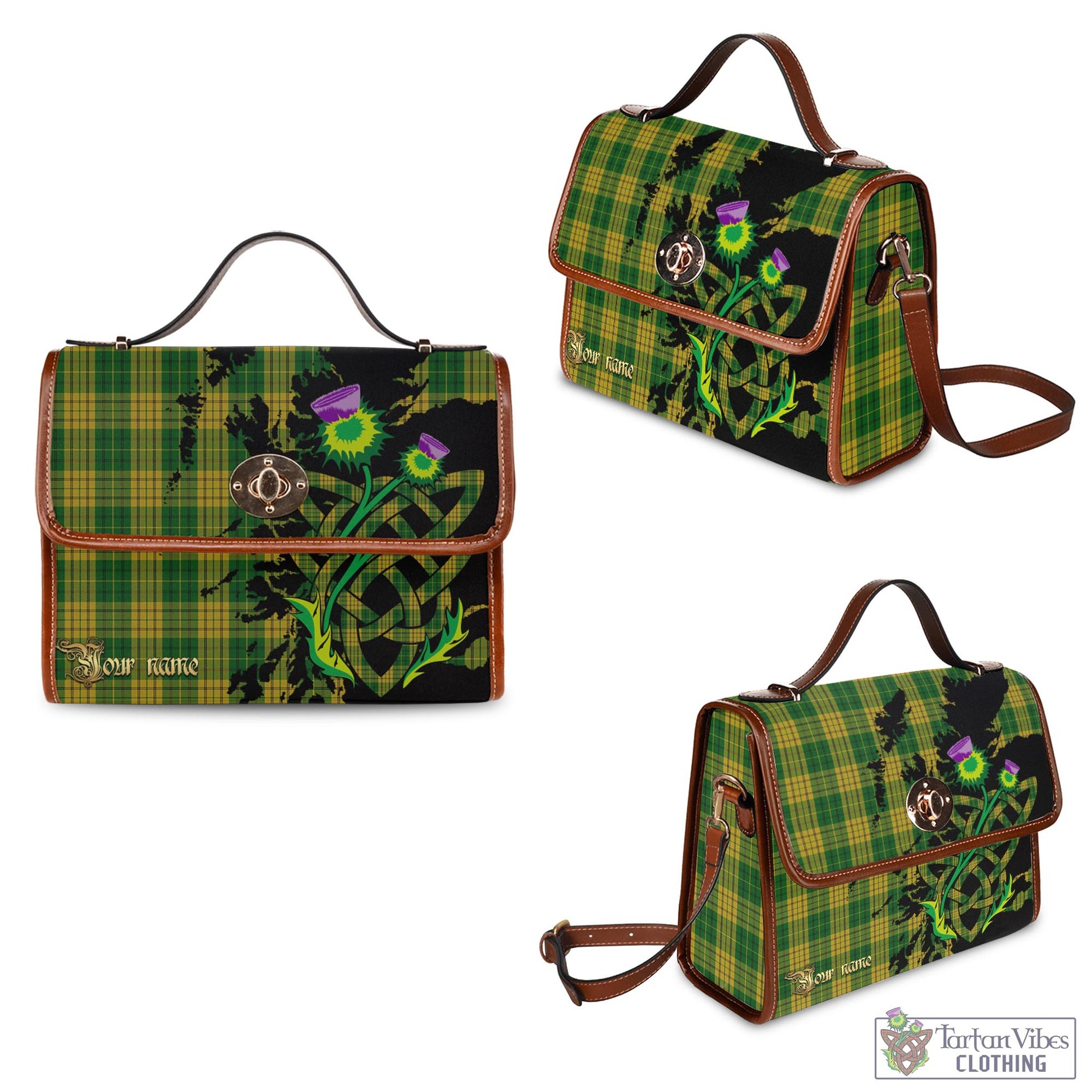 Tartan Vibes Clothing Meredith of Wales Tartan Waterproof Canvas Bag with Scotland Map and Thistle Celtic Accents