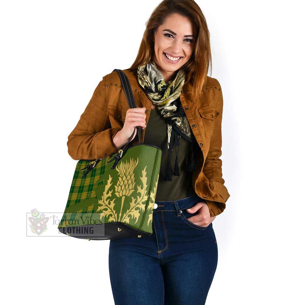 Tartan Vibes Clothing Meredith of Wales Tartan Leather Tote Bag Gold Thistle Style