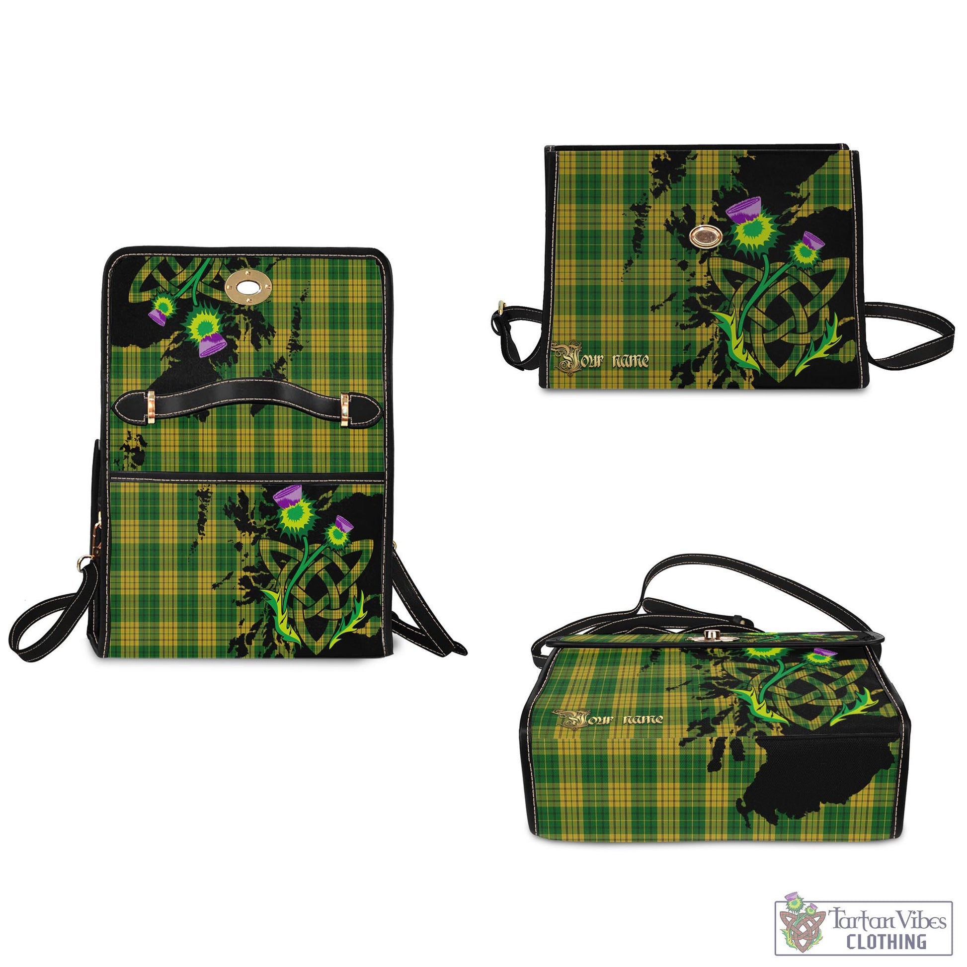 Tartan Vibes Clothing Meredith of Wales Tartan Waterproof Canvas Bag with Scotland Map and Thistle Celtic Accents