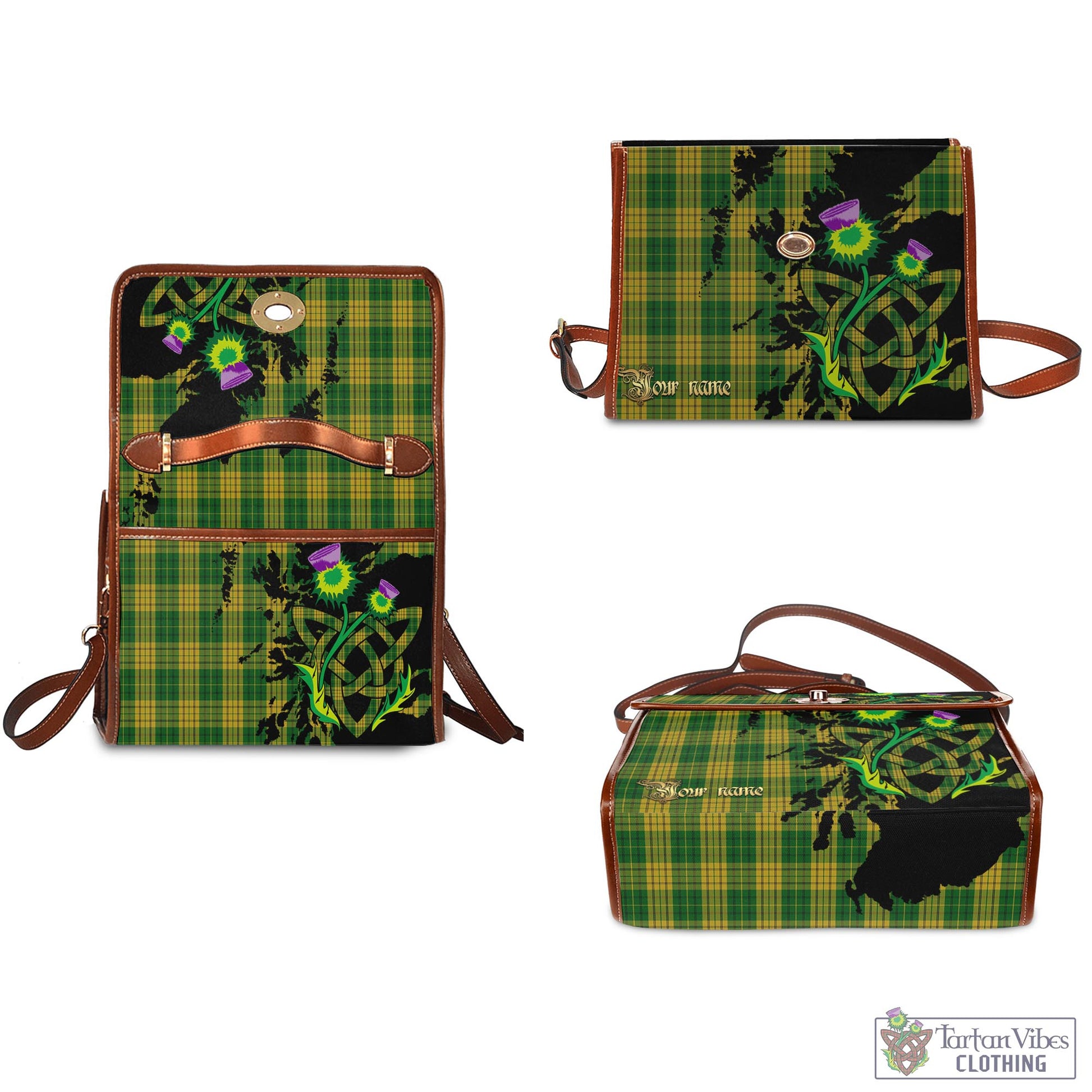 Tartan Vibes Clothing Meredith of Wales Tartan Waterproof Canvas Bag with Scotland Map and Thistle Celtic Accents