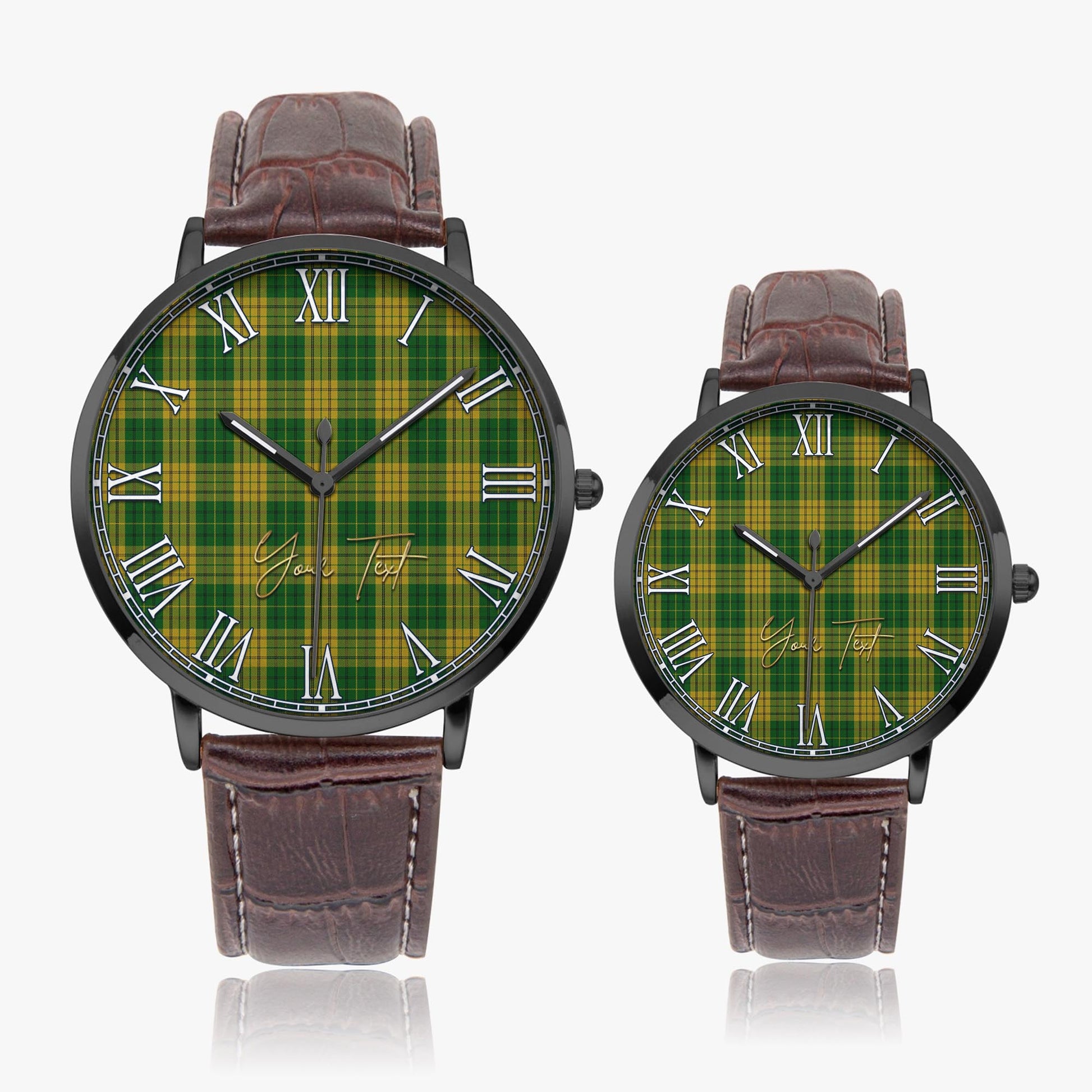 Meredith of Wales Tartan Personalized Your Text Leather Trap Quartz Watch Ultra Thin Black Case With Brown Leather Strap - Tartanvibesclothing