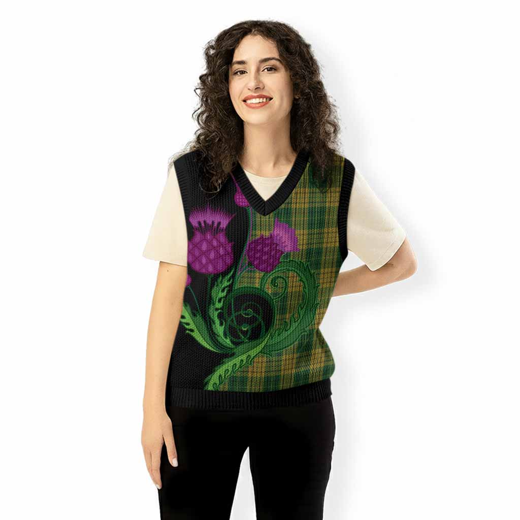 Meredith of Wales Tartan Knitted V-Neck Vest Traditional Scottish Thistle