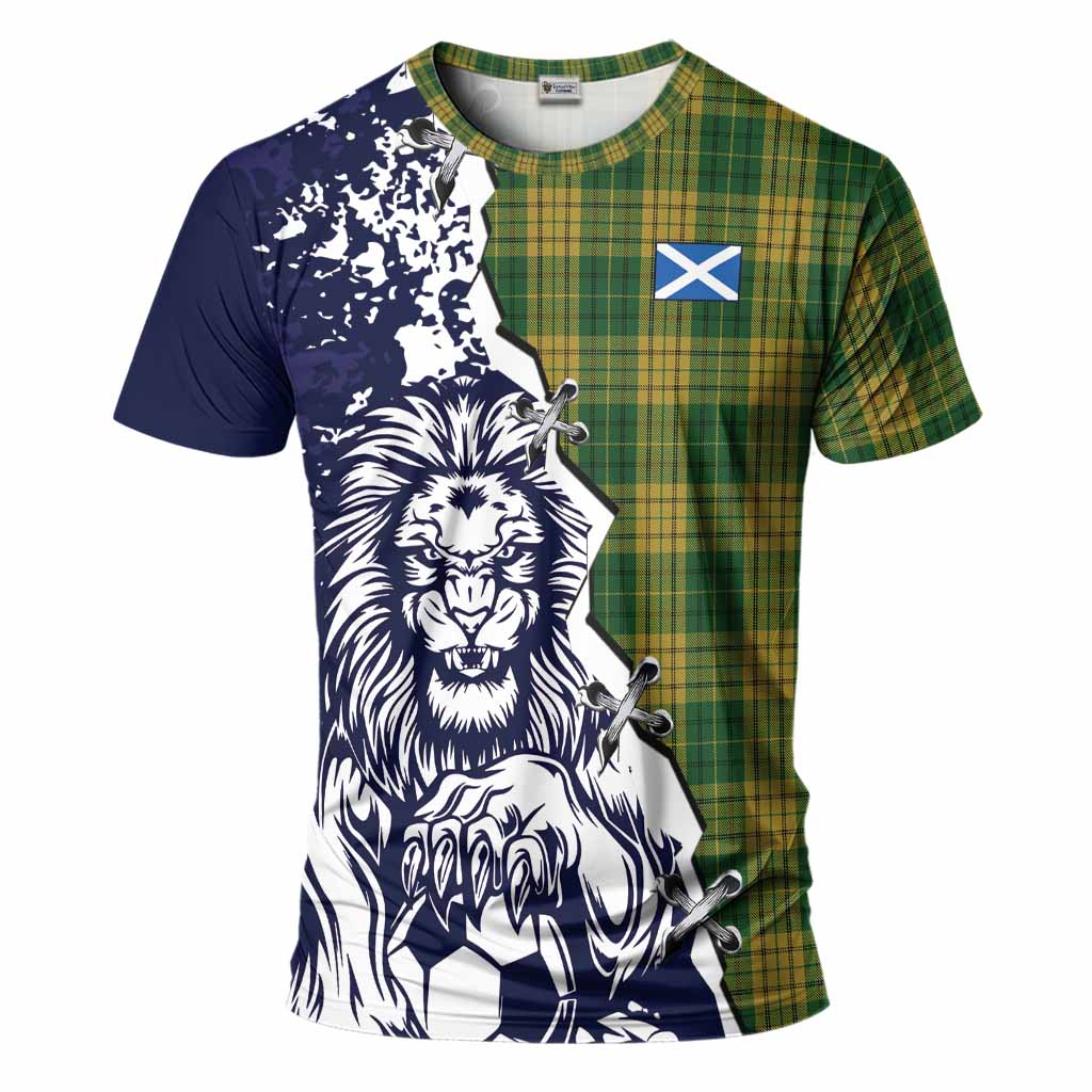 Meredith of Wales Tartan Scottish T-Shirt Angry Lion With Soccer Ball Style