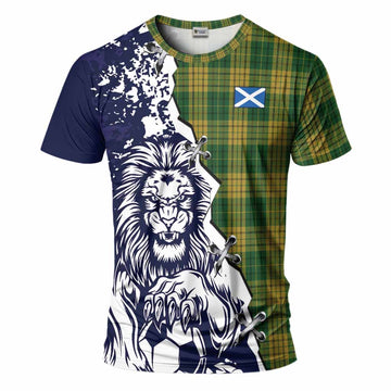 Meredith of Wales Tartan Scottish T-Shirt Angry Lion With Soccer Ball Style