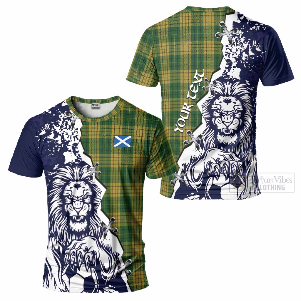 Meredith of Wales Tartan Scottish T-Shirt Angry Lion With Soccer Ball Style