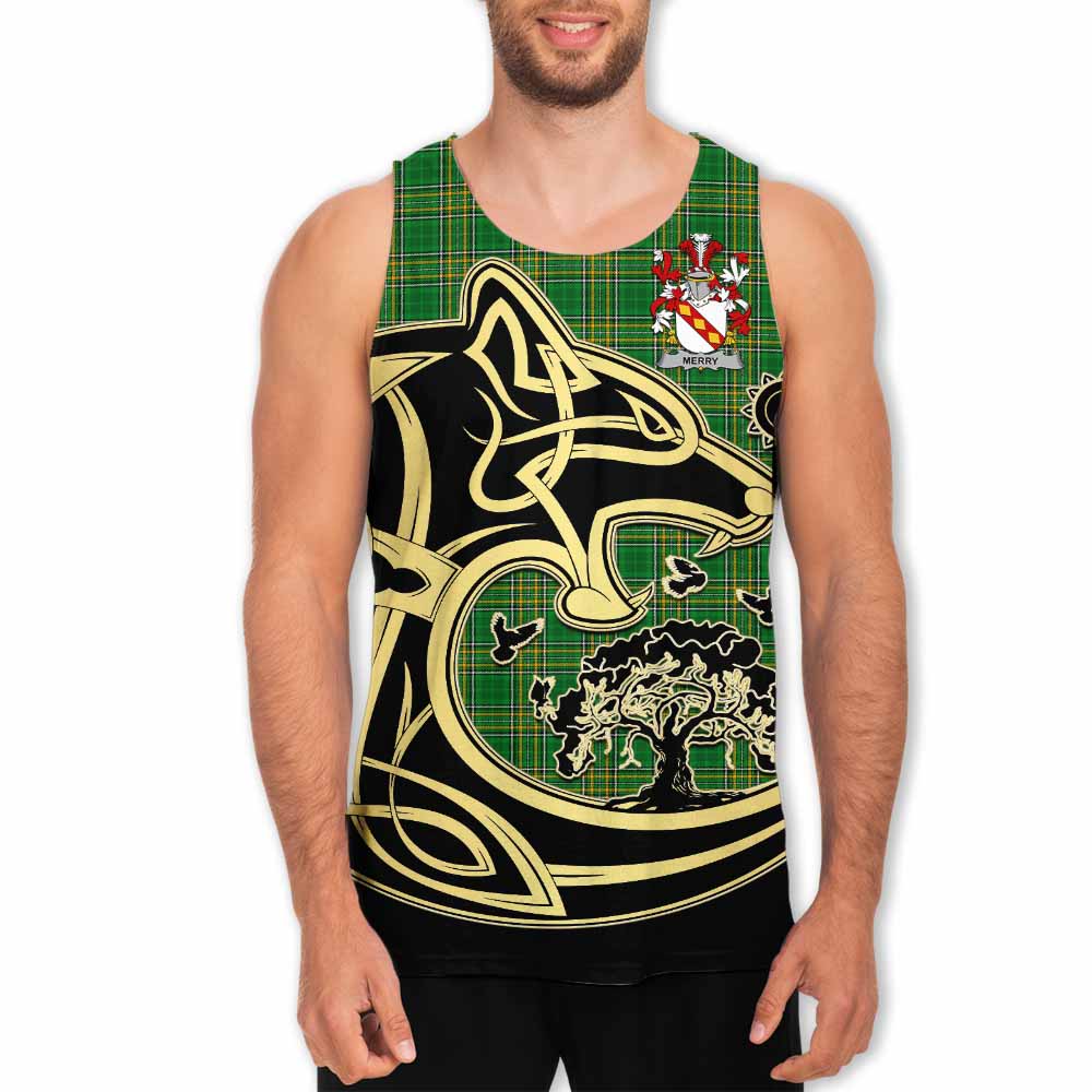 Tartan Vibes Clothing Merry Irish Tartan Men's Tank Top with Coat of Arms Celtic Wolf Style