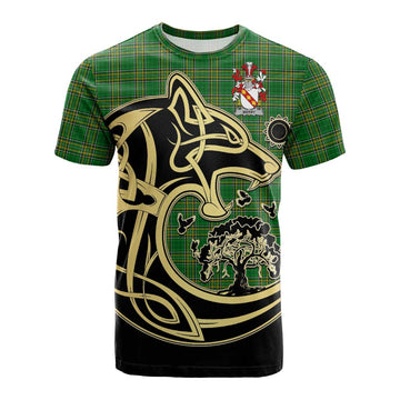Merry Irish Tartan Cotton T-shirt with Coat of Arms Celtic Wolf Style
