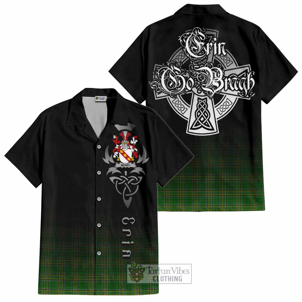 Tartan Vibes Clothing Merry Irish Clan Short Sleeve Button Shirt with Coat of Arms Erin Go Bragh Celtic Inspired