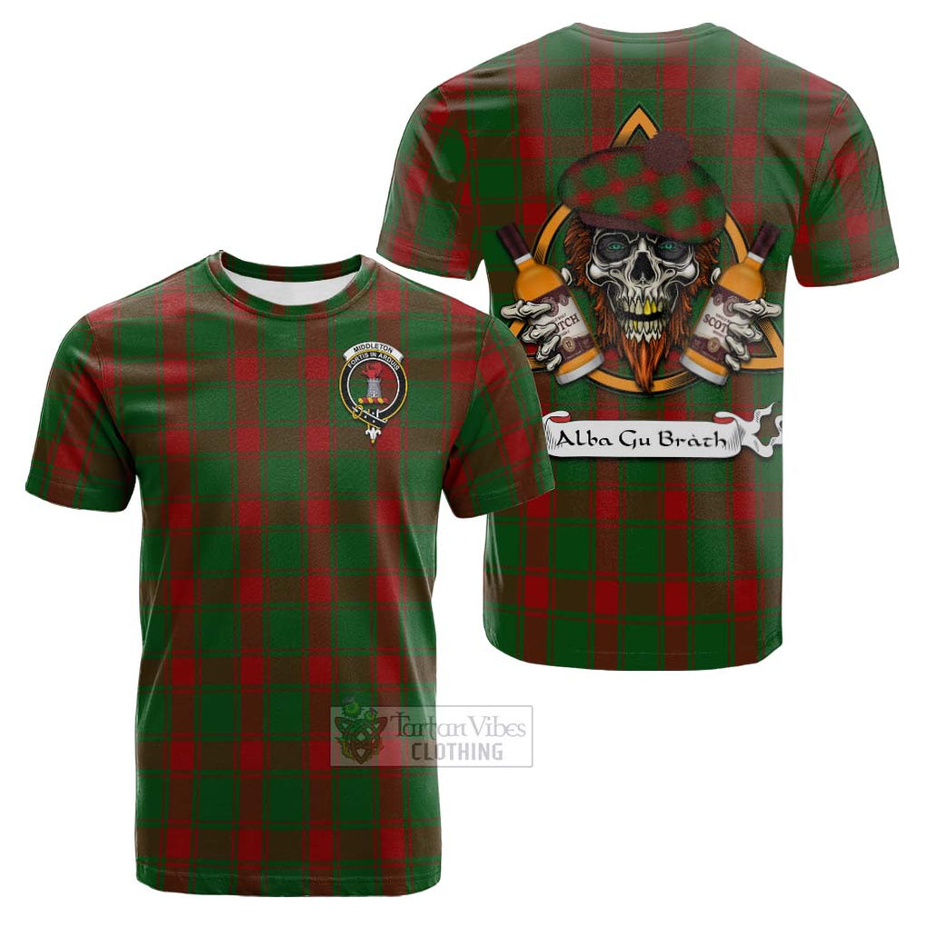 Tartan Vibes Clothing Middleton Tartan Cotton T-shirt with Family Crest and Bearded Skull Holding Bottles of Whiskey