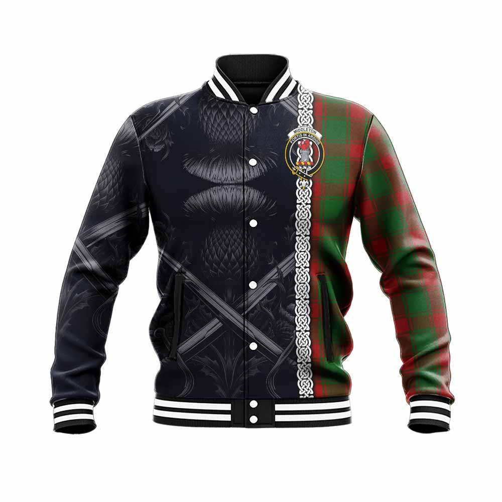 Middleton Tartan Baseball Jacket with Family Crest Cross Sword Thistle Celtic Vibes Unisex - Tartan Vibes Clothing