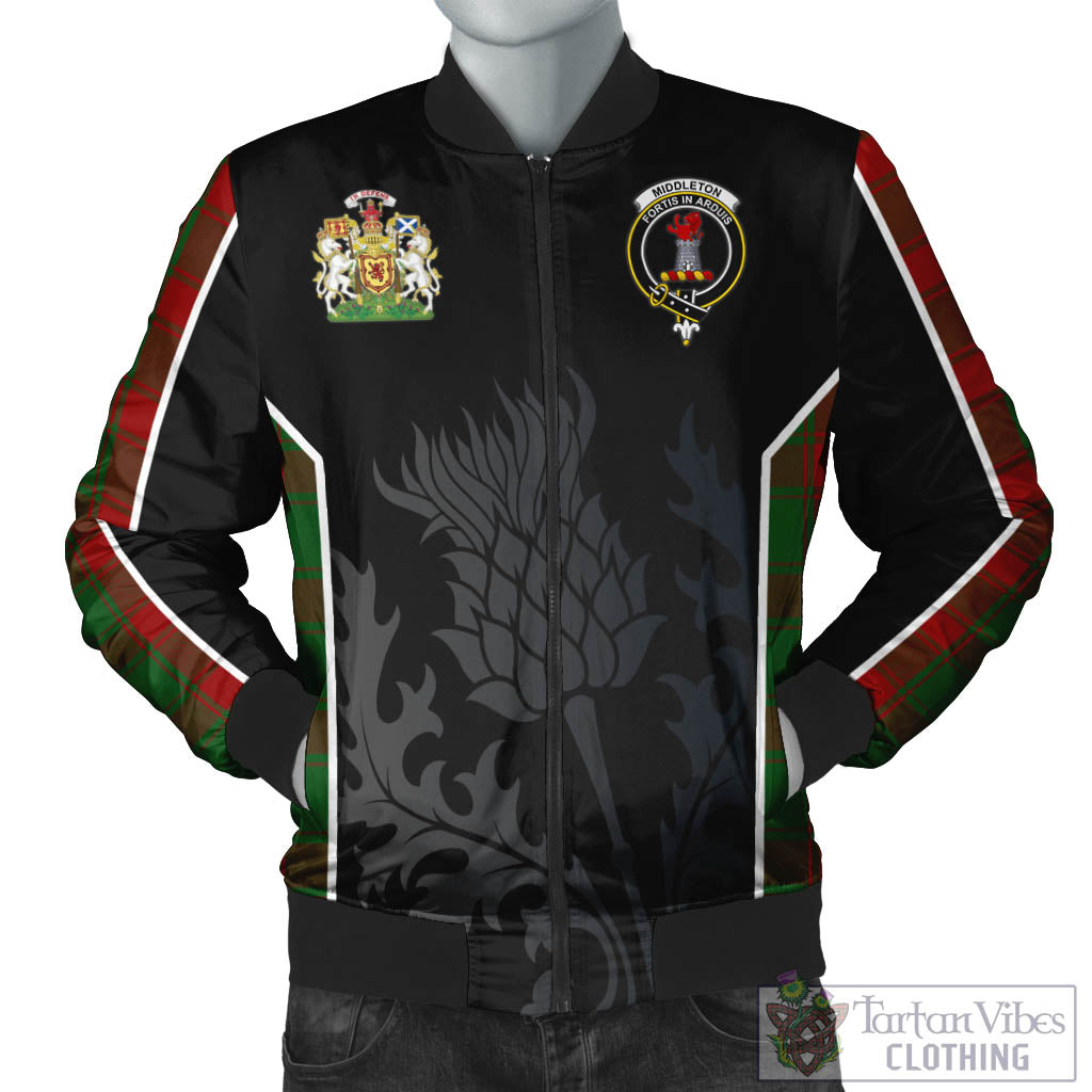 Middleton Tartan Bomber Jacket with Family Crest and Scottish Thistle Vibes Sport Style Unisex Black - Tartan Vibes Clothing