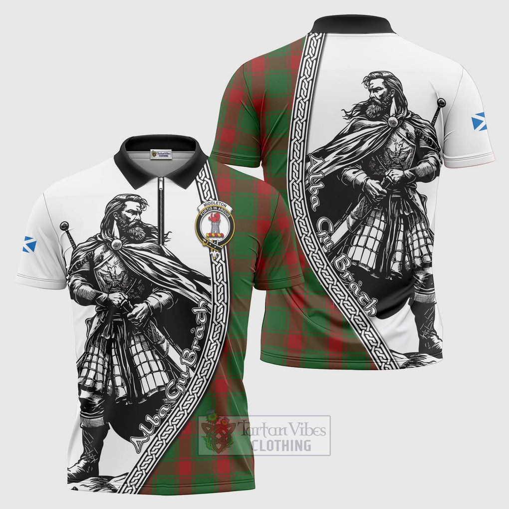 Middleton Tartan Clan Crest Zipper Polo Shirt with Highlander Warrior Celtic Style Unisex - Tartan Vibes Clothing