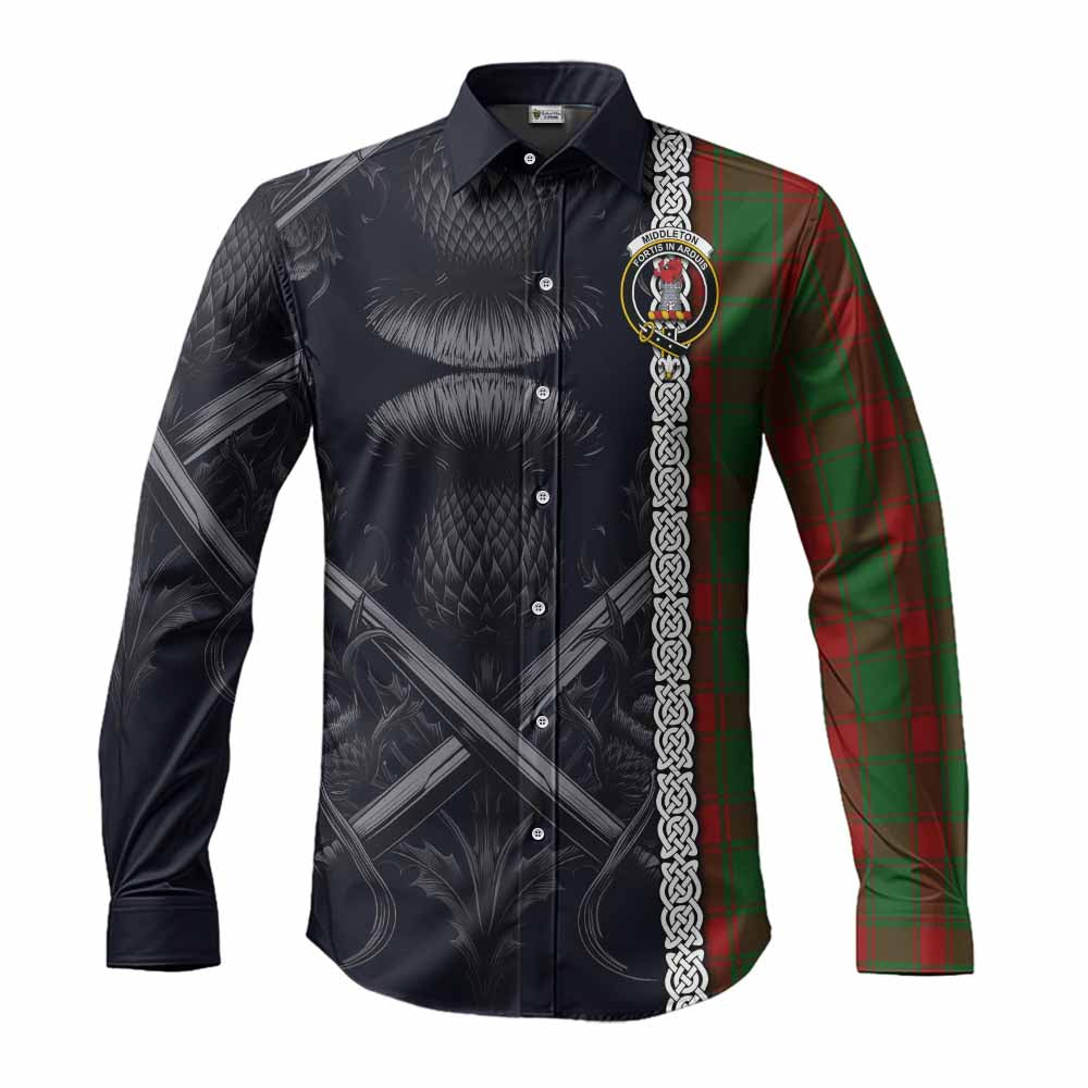 Tartan Vibes Clothing Middleton Tartan Long Sleeve Button Shirt with Family Crest Cross Sword Thistle Celtic Vibes