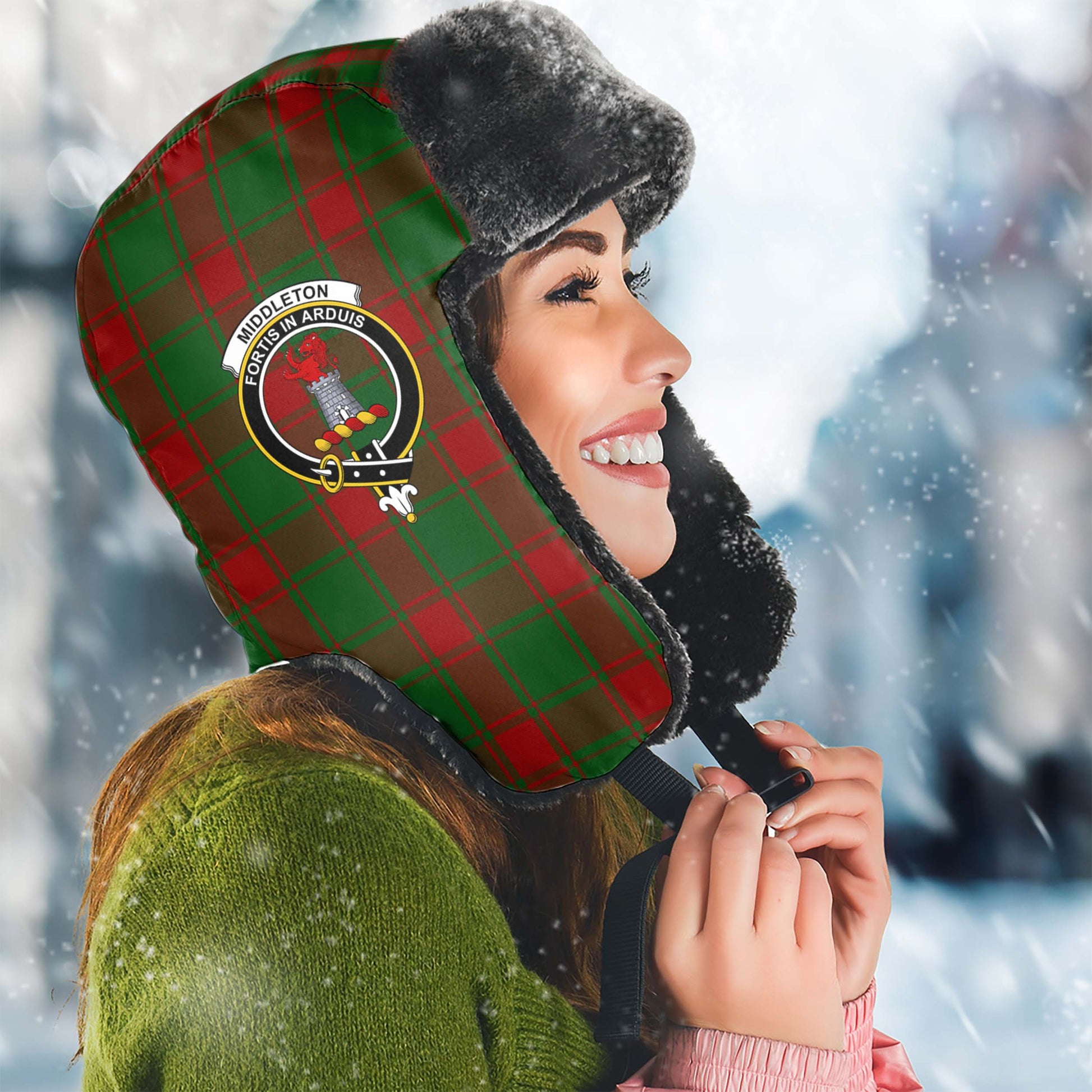 Middleton Tartan Winter Trapper Hat with Family Crest Winter Trapper Hat Universal Fit Circumference 22.8in (58cm) - Tartan Vibes Clothing