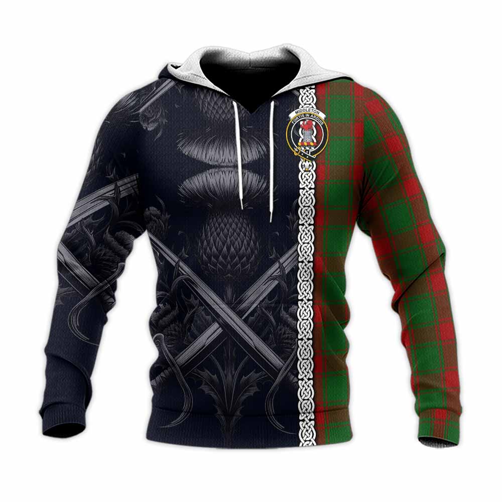 Middleton Tartan Knitted Hoodie with Family Crest Cross Sword Thistle Celtic Vibes Unisex Knitted Pullover Hoodie - Tartan Vibes Clothing