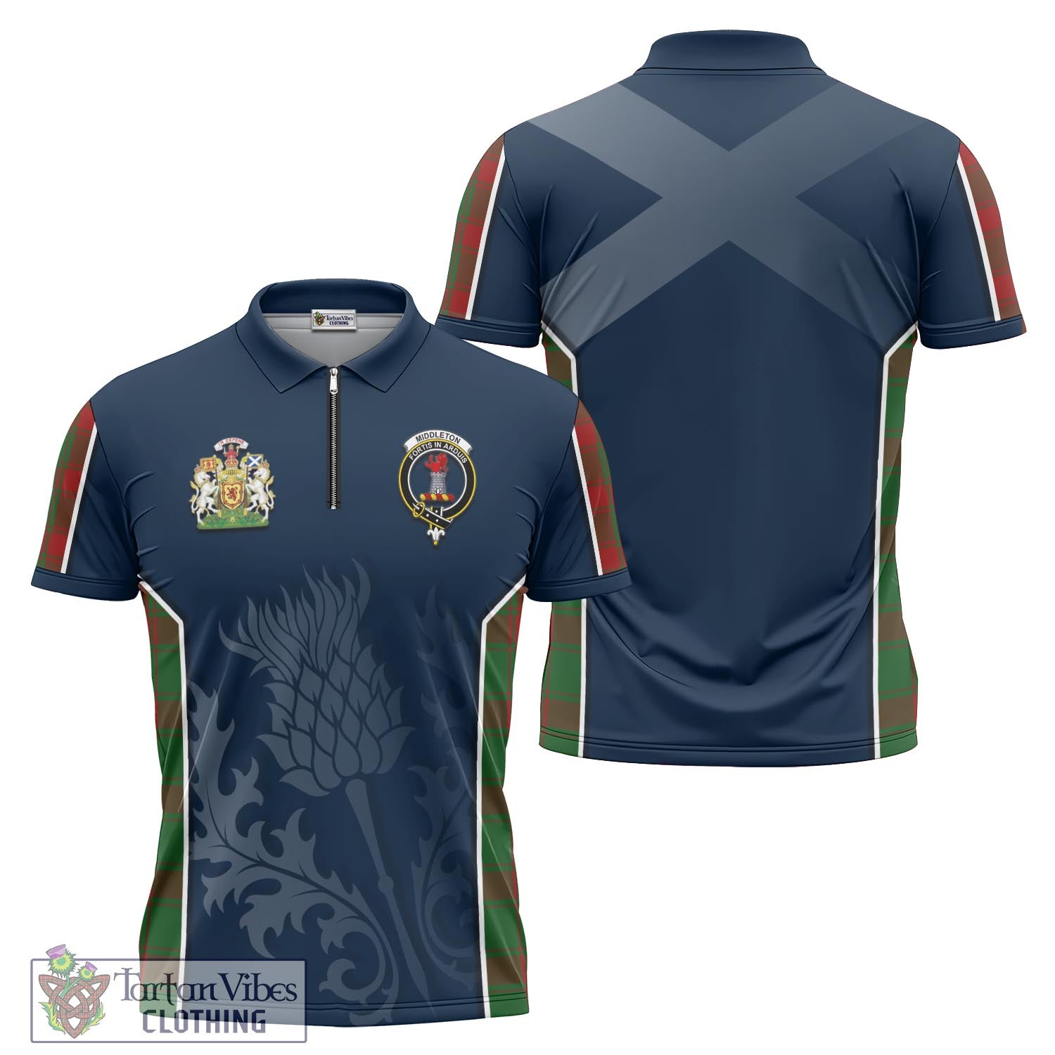 Tartan Vibes Clothing Middleton Tartan Zipper Polo Shirt with Family Crest and Scottish Thistle Vibes Sport Style