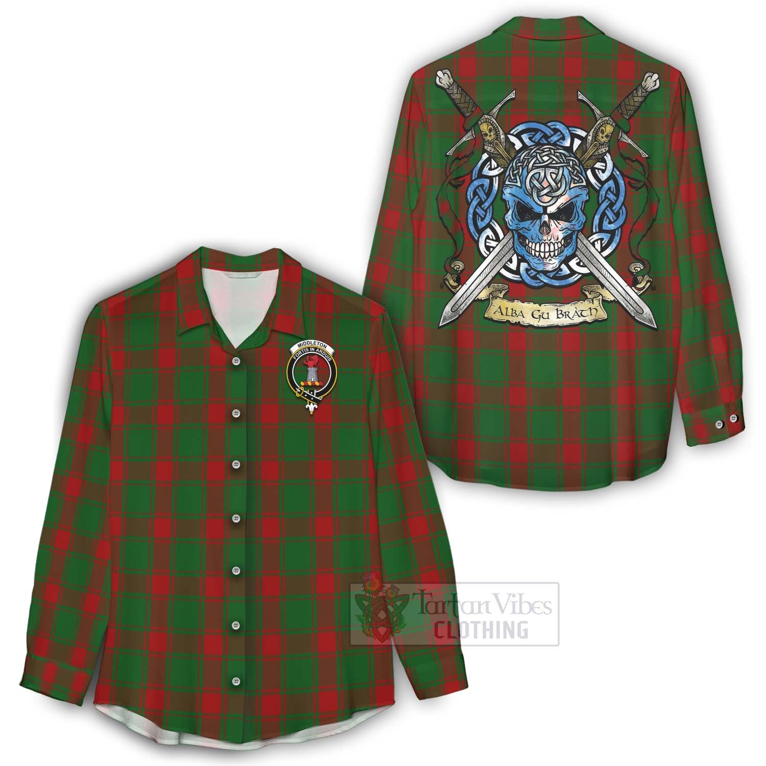 Middleton Tartan Women's Casual Shirt with Family Crest Celtic Skull Style - Tartan Vibes Clothing