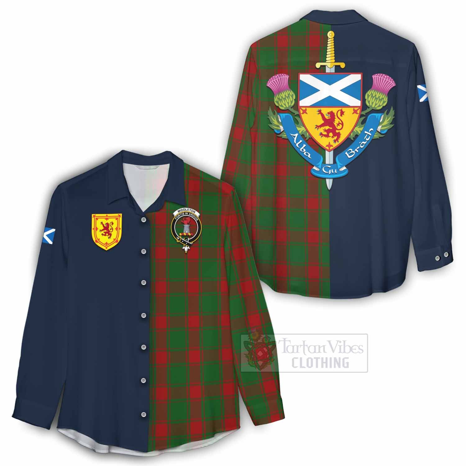 Middleton Tartan Women's Casual Shirt Alba with Scottish Lion Royal Arm Half Style - Tartan Vibes Clothing