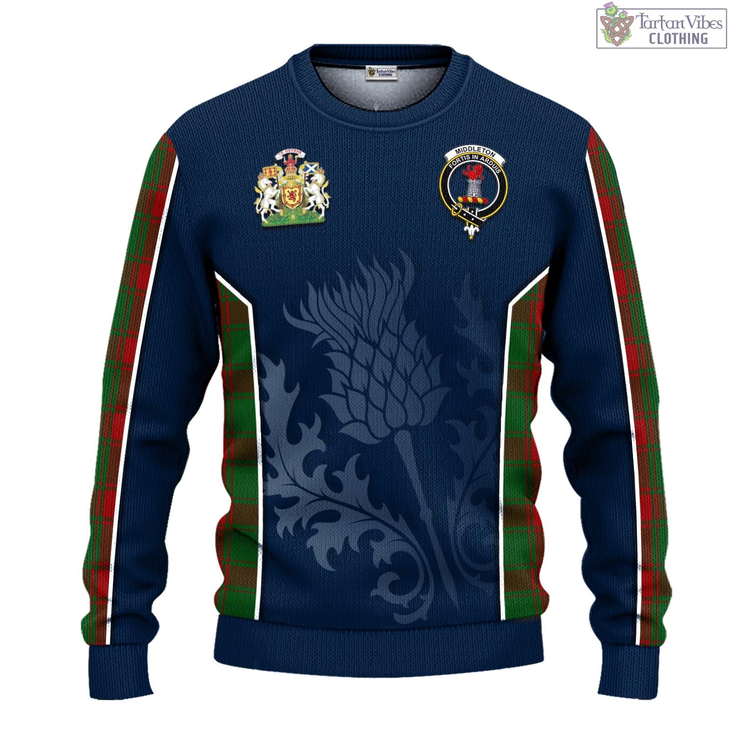 Middleton Tartan Knitted Sweatshirt with Family Crest and Scottish Thistle Vibes Sport Style - Tartan Vibes Clothing