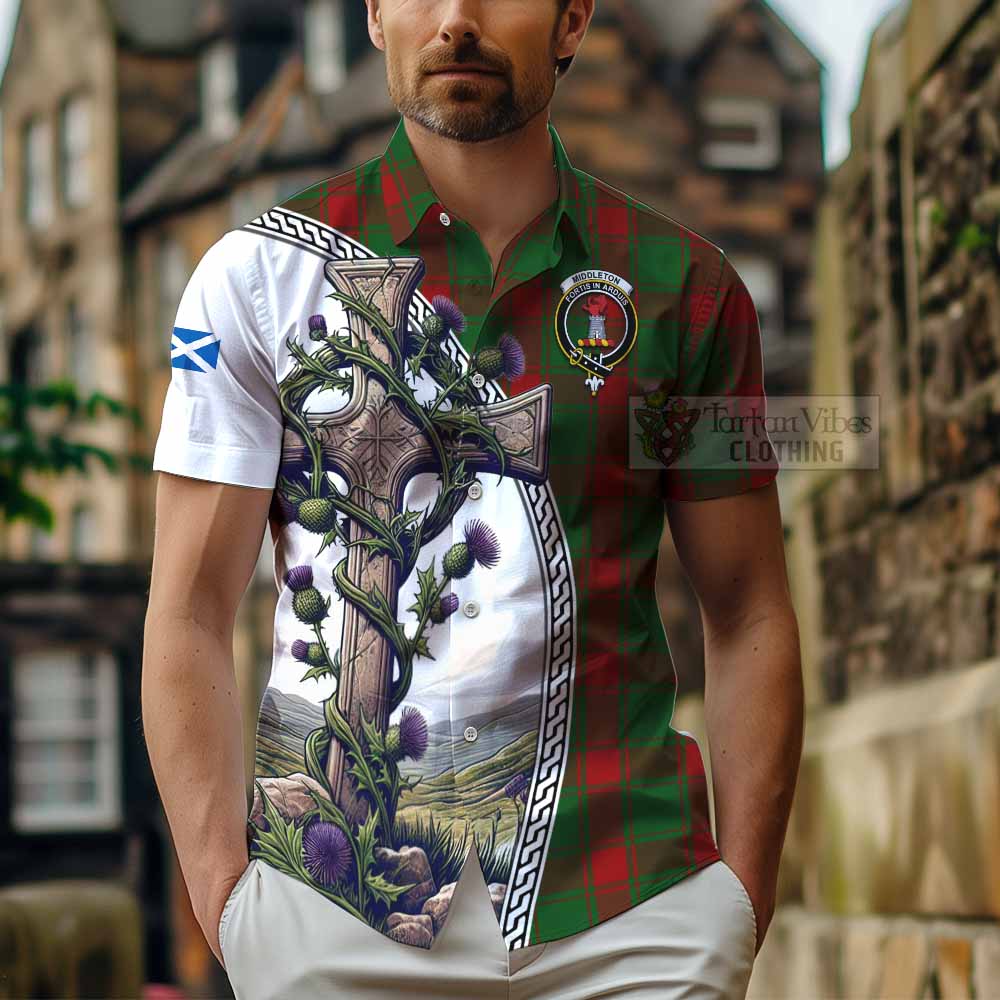 Middleton Tartan Hawaiian Shirt with Family Crest and St. Andrew's Cross Accented by Thistle Vines - Tartan Vibes Clothing