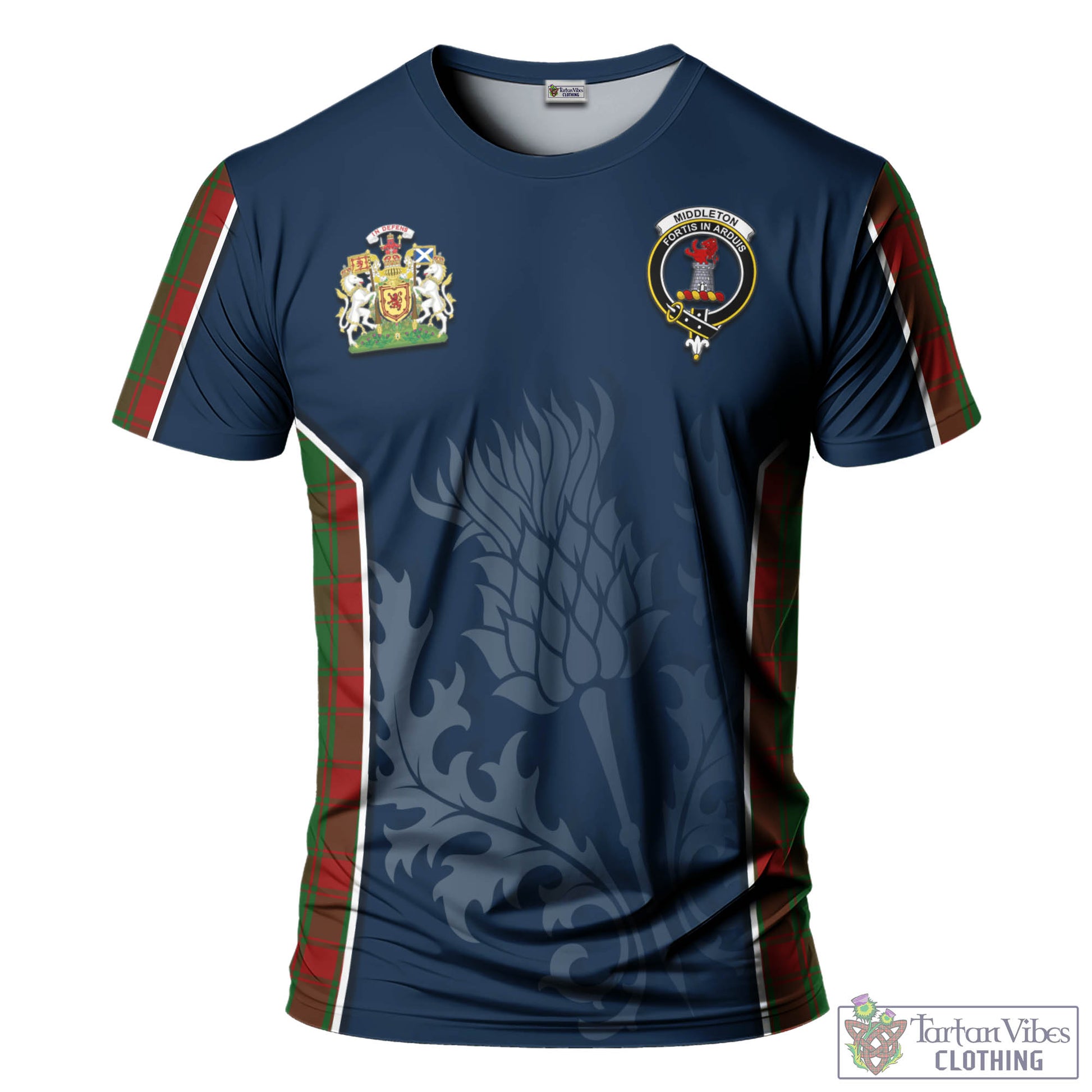 Tartan Vibes Clothing Middleton Tartan T-Shirt with Family Crest and Scottish Thistle Vibes Sport Style
