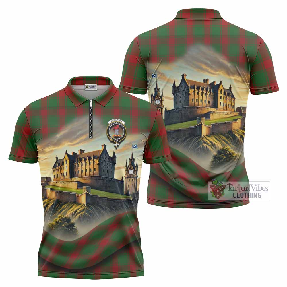 Middleton Tartan Family Crest Zipper Polo Shirt with Scottish Ancient Castle Style - Tartan Vibes Clothing