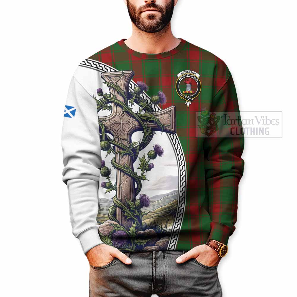 Middleton Tartan Sweatshirt with Family Crest and St. Andrew's Cross Accented by Thistle Vines - Tartan Vibes Clothing