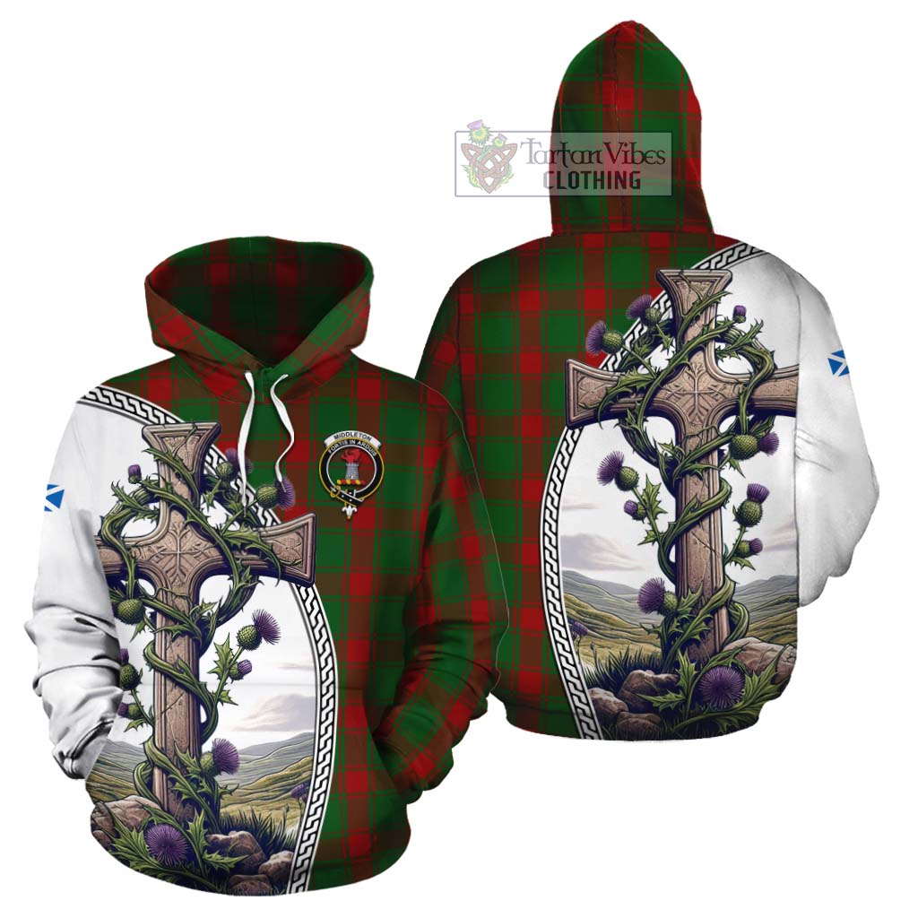 Tartan Vibes Clothing Middleton Tartan Cotton Hoodie with Family Crest and St. Andrew's Cross Accented by Thistle Vines