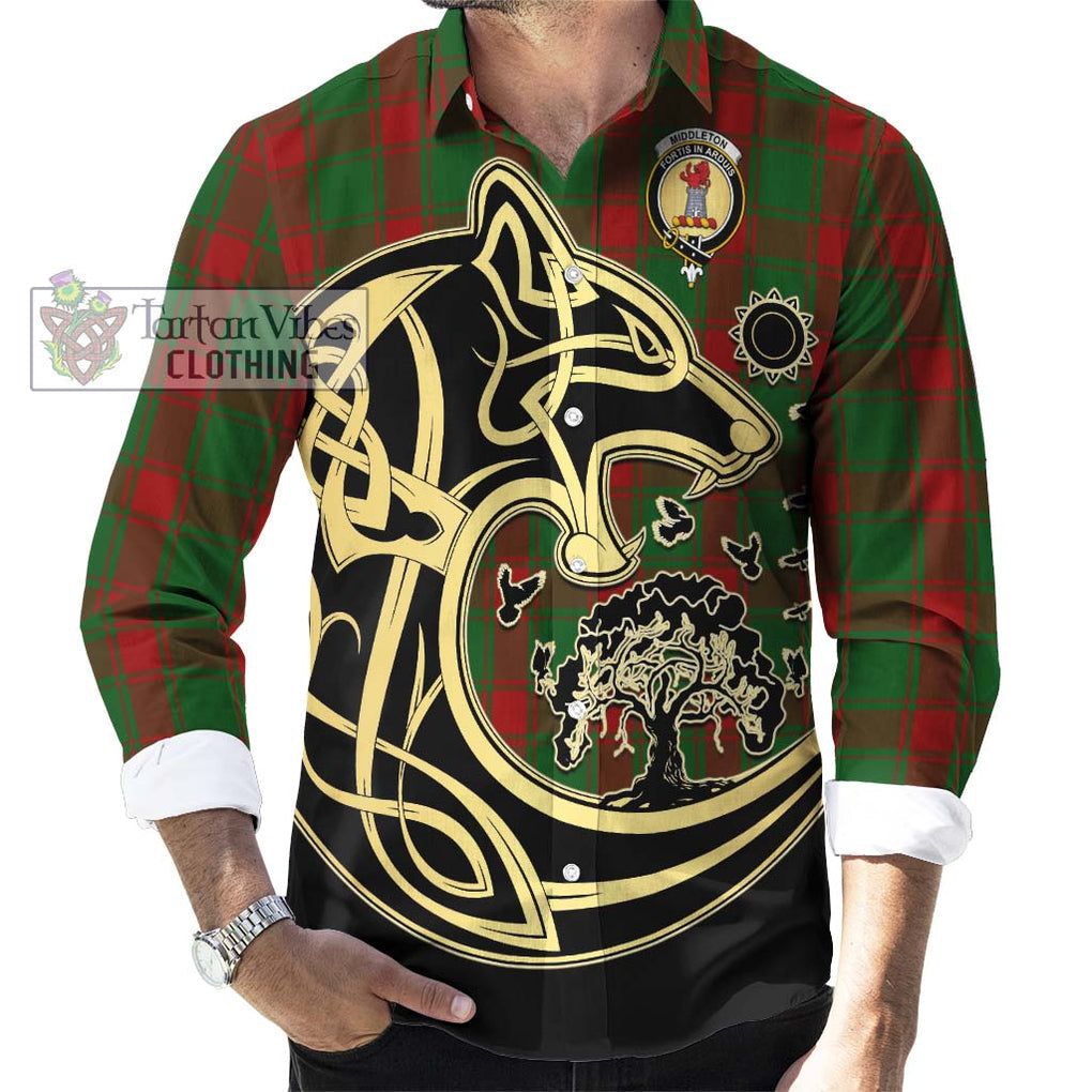 Middleton Tartan Long Sleeve Button Shirt with Family Crest Celtic Wolf Style - Tartan Vibes Clothing