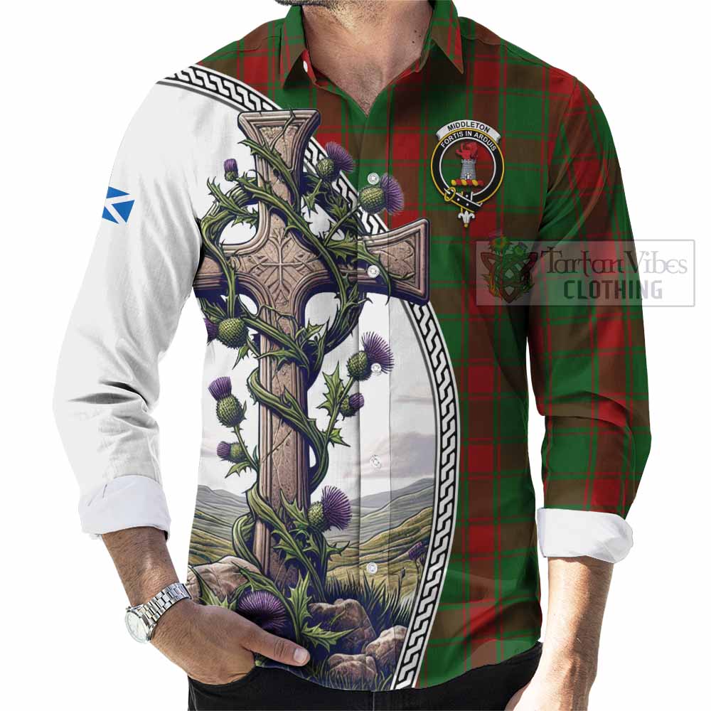 Middleton Tartan Long Sleeve Button Shirt with Family Crest and St. Andrew's Cross Accented by Thistle Vines - Tartan Vibes Clothing