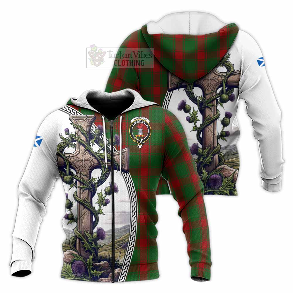 Tartan Vibes Clothing Middleton Tartan Knitted Hoodie with Family Crest and St. Andrew's Cross Accented by Thistle Vines