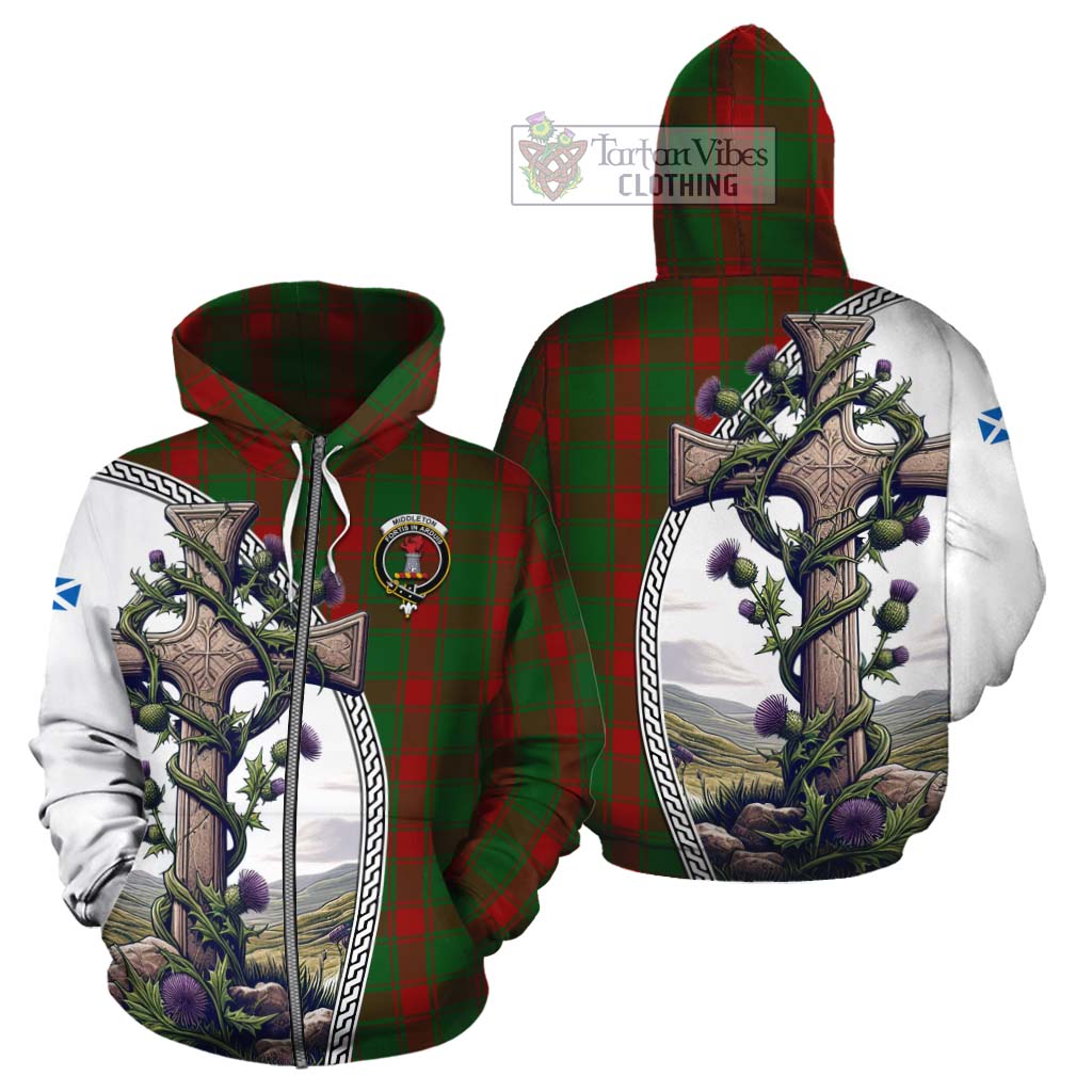 Tartan Vibes Clothing Middleton Tartan Cotton Hoodie with Family Crest and St. Andrew's Cross Accented by Thistle Vines