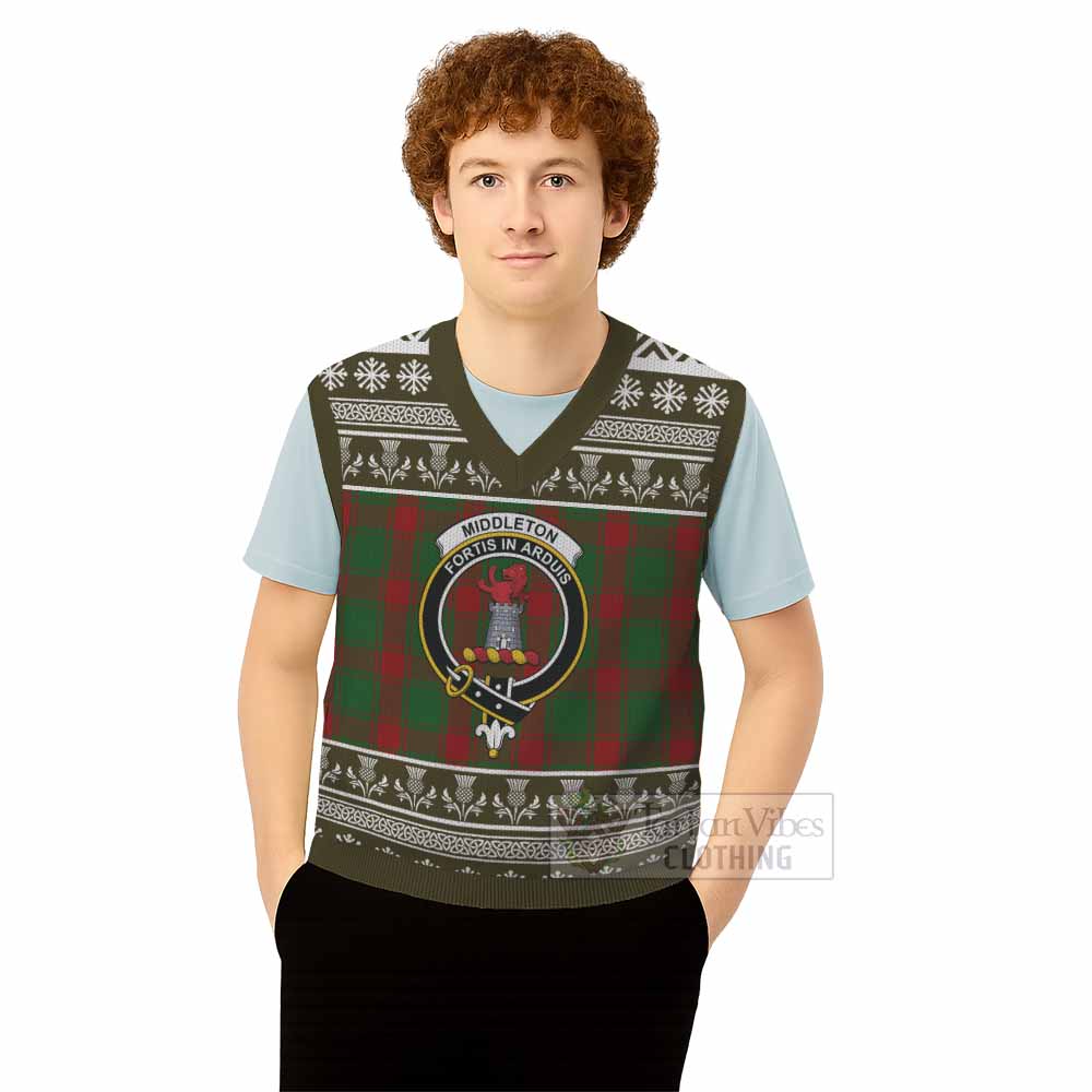 Middleton Clan Tartan Christmas Knitted V-Neck Vest with Family Crest - Tartan Vibes Clothing