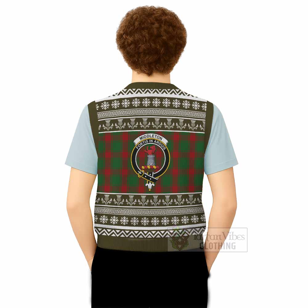 Middleton Clan Tartan Christmas Knitted V-Neck Vest with Family Crest - Tartan Vibes Clothing