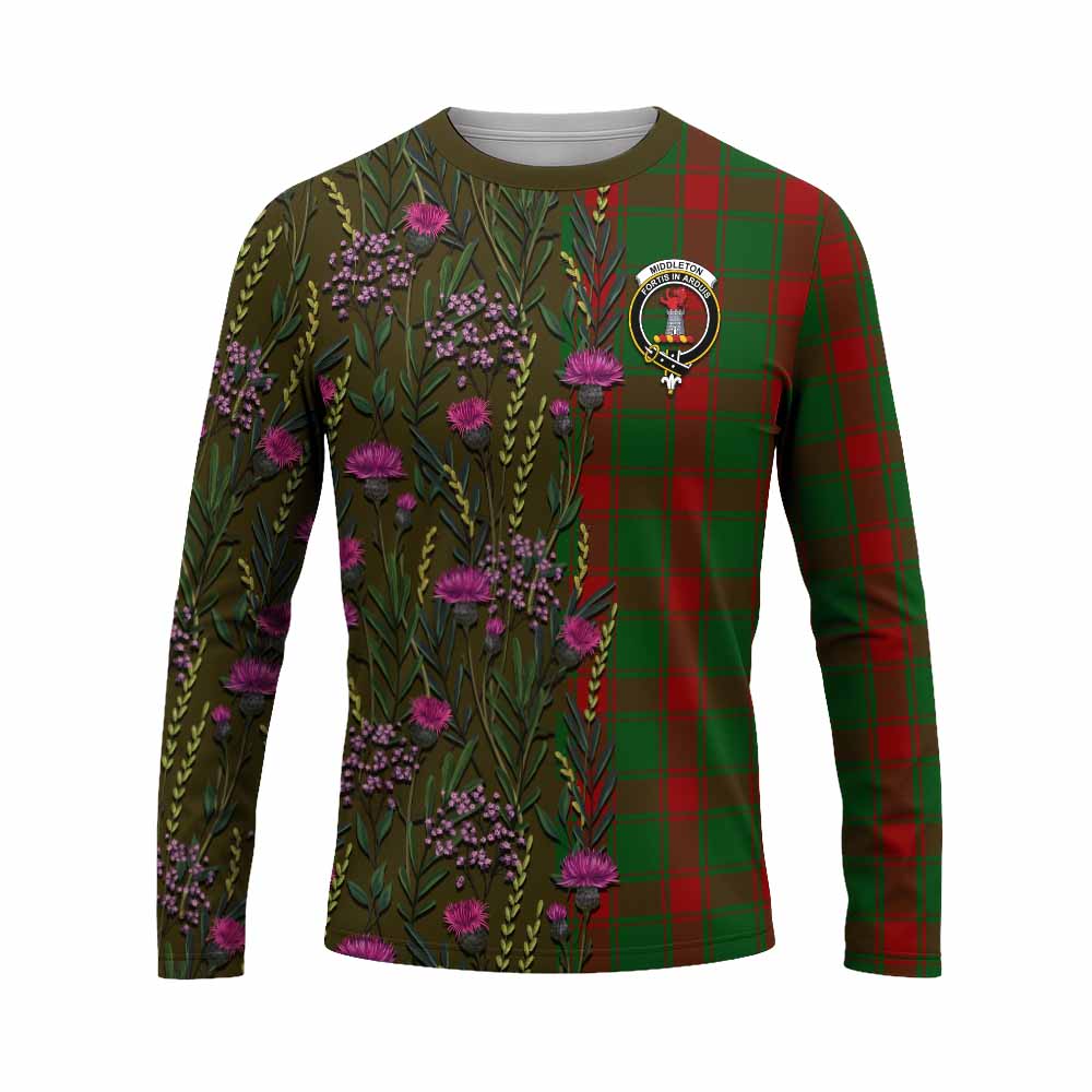 Middleton Family Crest Tartan Long Sleeve T-Shirt Scottish Thistle Flower Pattern Half Style - Tartan Vibes Clothing