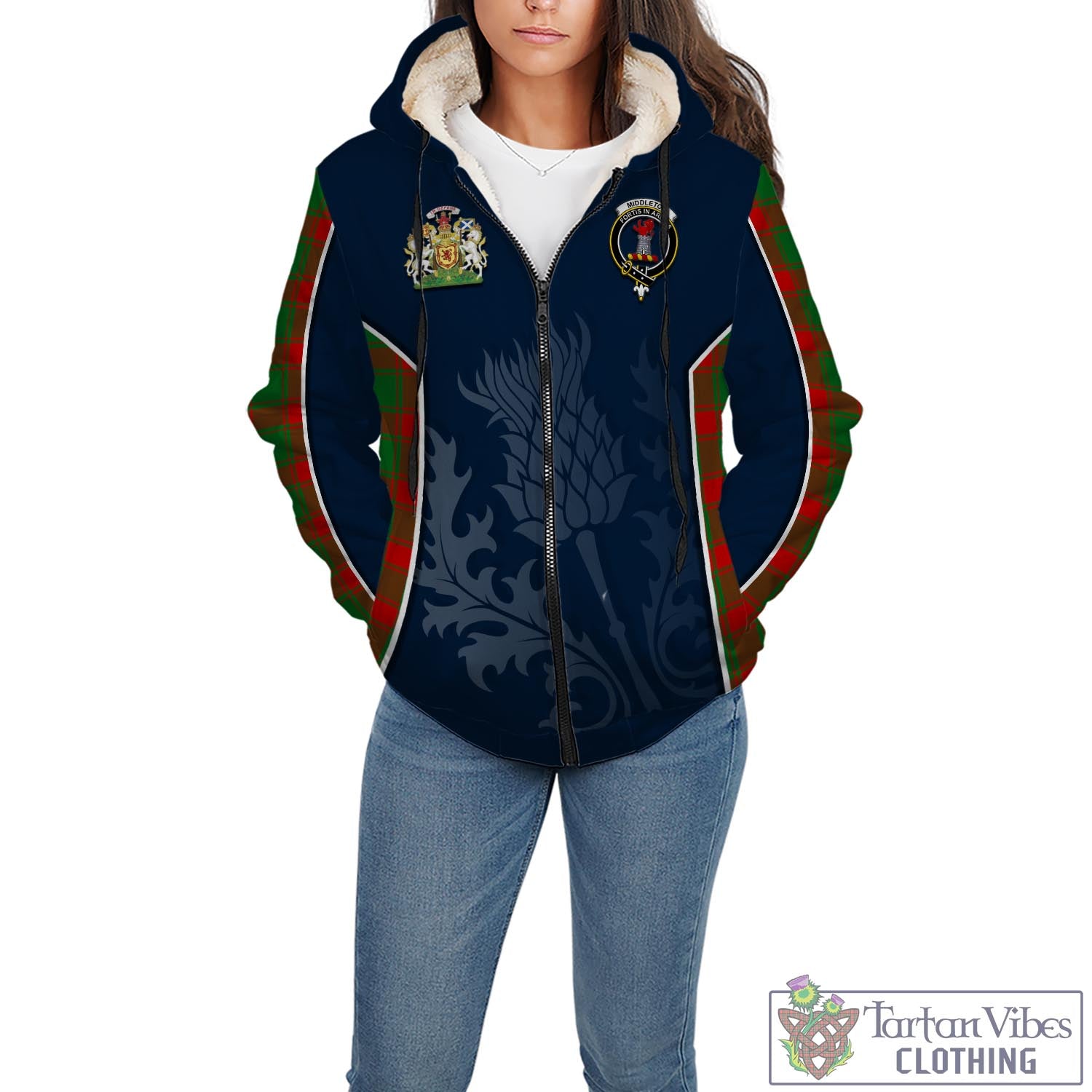 Tartan Vibes Clothing Middleton Modern Tartan Sherpa Hoodie with Family Crest and Scottish Thistle Vibes Sport Style