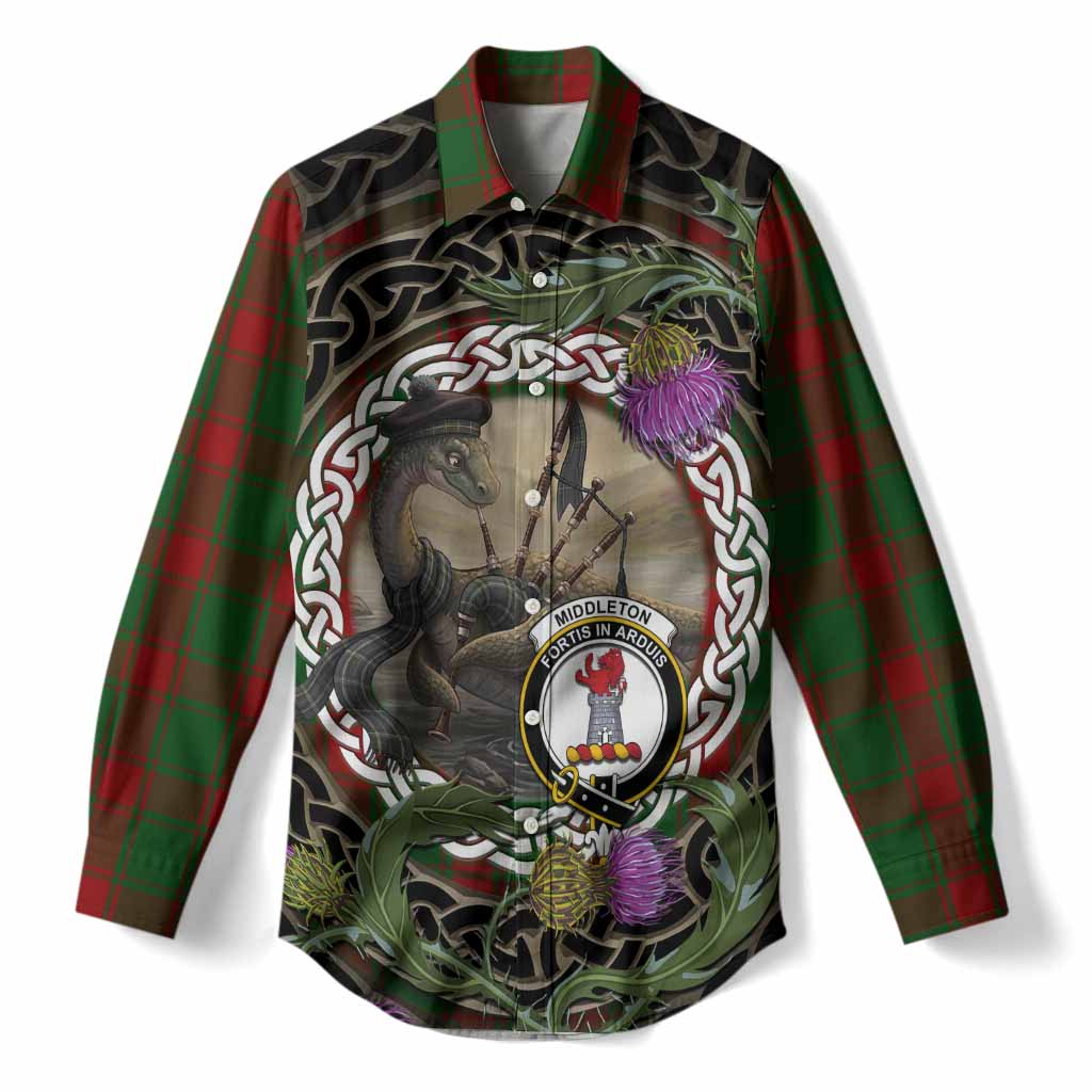 Middleton Tartan Crest Bagpipe Nessie Women Casual Shirt Scottish Loch Ness Monster Celtic Thistle